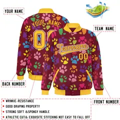 Crimson Gold-White Paw Prints Graffiti Varsity Letterman Baseball Jacket 2