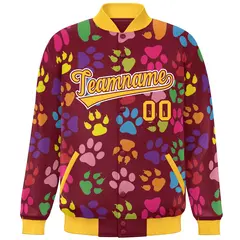 Crimson Gold-White Paw Prints Graffiti Varsity Letterman Baseball Jacket 3