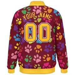 Crimson Gold-White Paw Prints Graffiti Varsity Letterman Baseball Jacket 4