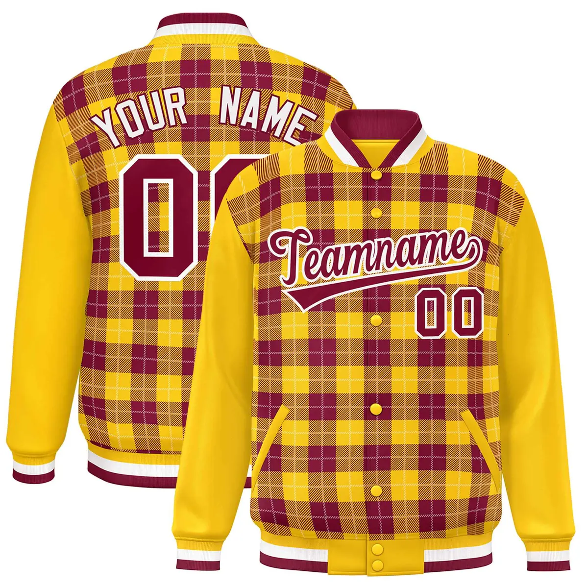 Crimson Gold-White Plaid Varsity Full-Snap Letterman Baseball Jacket