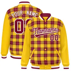 Crimson Gold-White Plaid Varsity Full-Snap Letterman Baseball Jacket