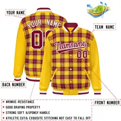 Crimson Gold-White Plaid Varsity Full-Snap Letterman Baseball Jacket 2