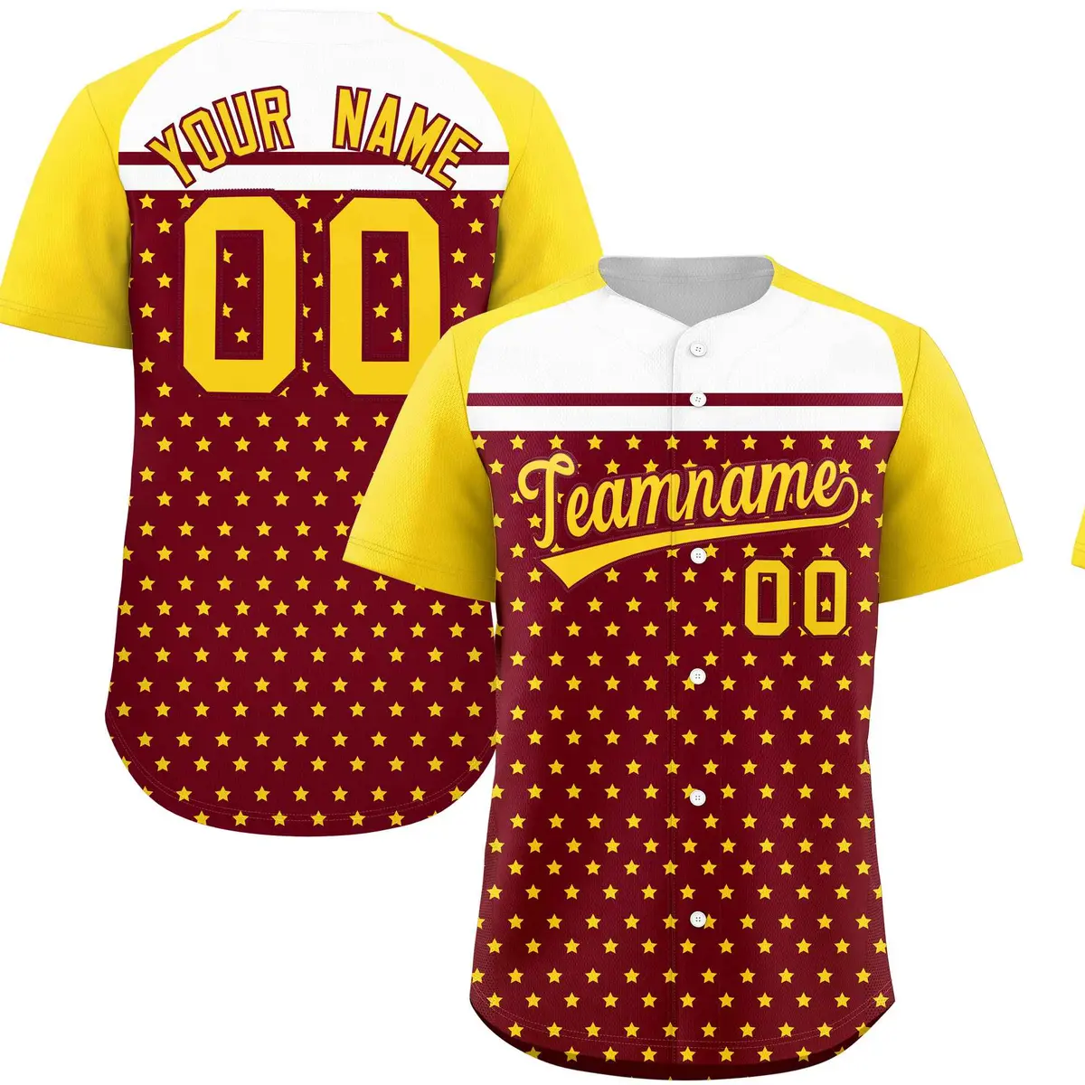 Crimson Gold-White Raglan Star Print Baseball Jersey