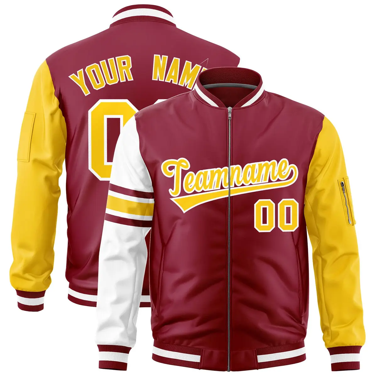 Crimson Gold-White Raglan Stripe Varsity Full-Zip Letterman Bomber Jacket