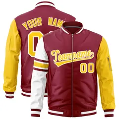 Crimson Gold-White Raglan Stripe Varsity Full-Zip Letterman Bomber Jacket