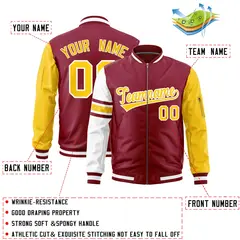 Crimson Gold-White Raglan Stripe Varsity Full-Zip Letterman Bomber Jacket 2