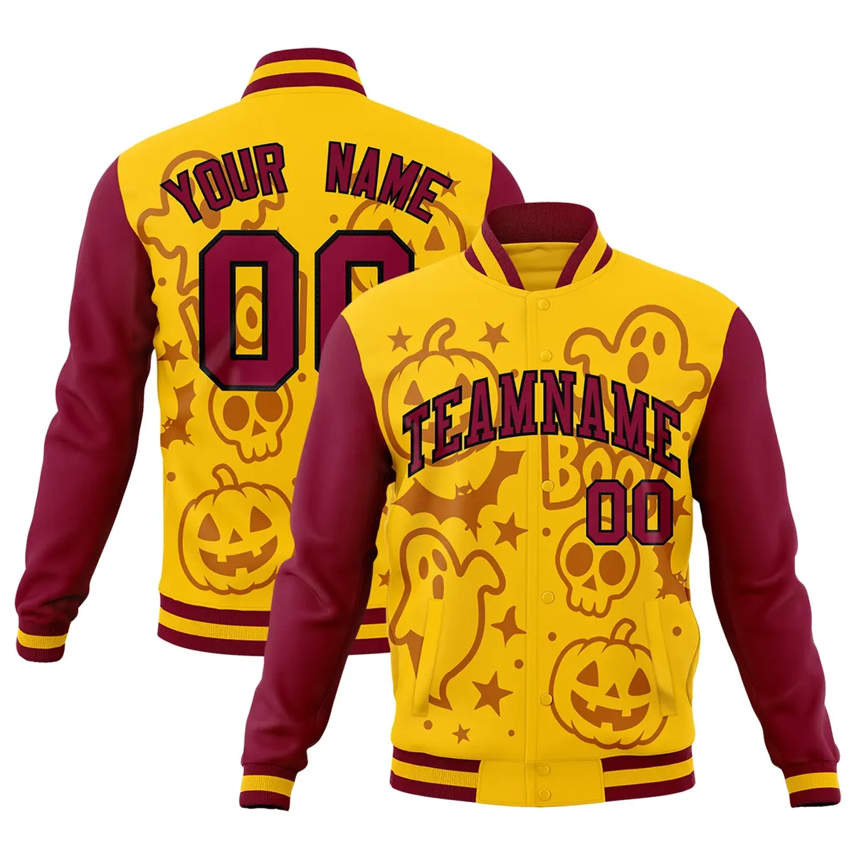 Crimson Gold Yellow Halloween Bats Pumpkins Ghost Letterman Jacket