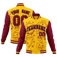 Crimson Gold Yellow Halloween Bats Pumpkins Ghost Letterman Jacket