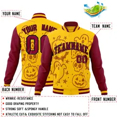 Crimson Gold Yellow Halloween Bats Pumpkins Ghost Letterman Jacket 2