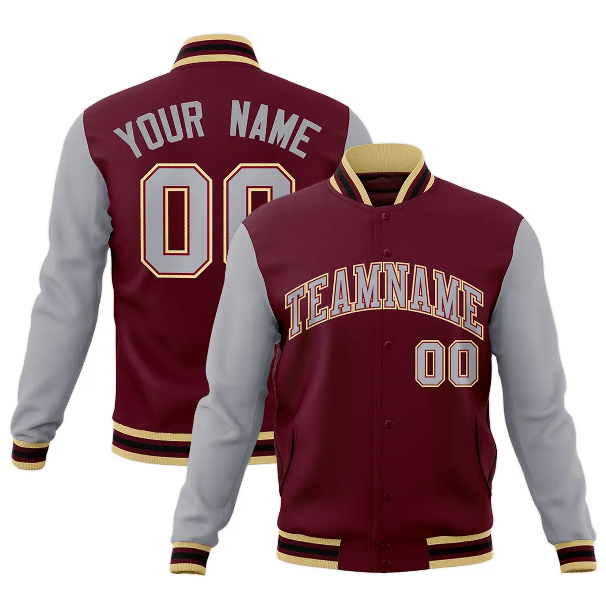 Crimson Gray-Crimson Raglan Varsity Full-Snap Letterman Jacket