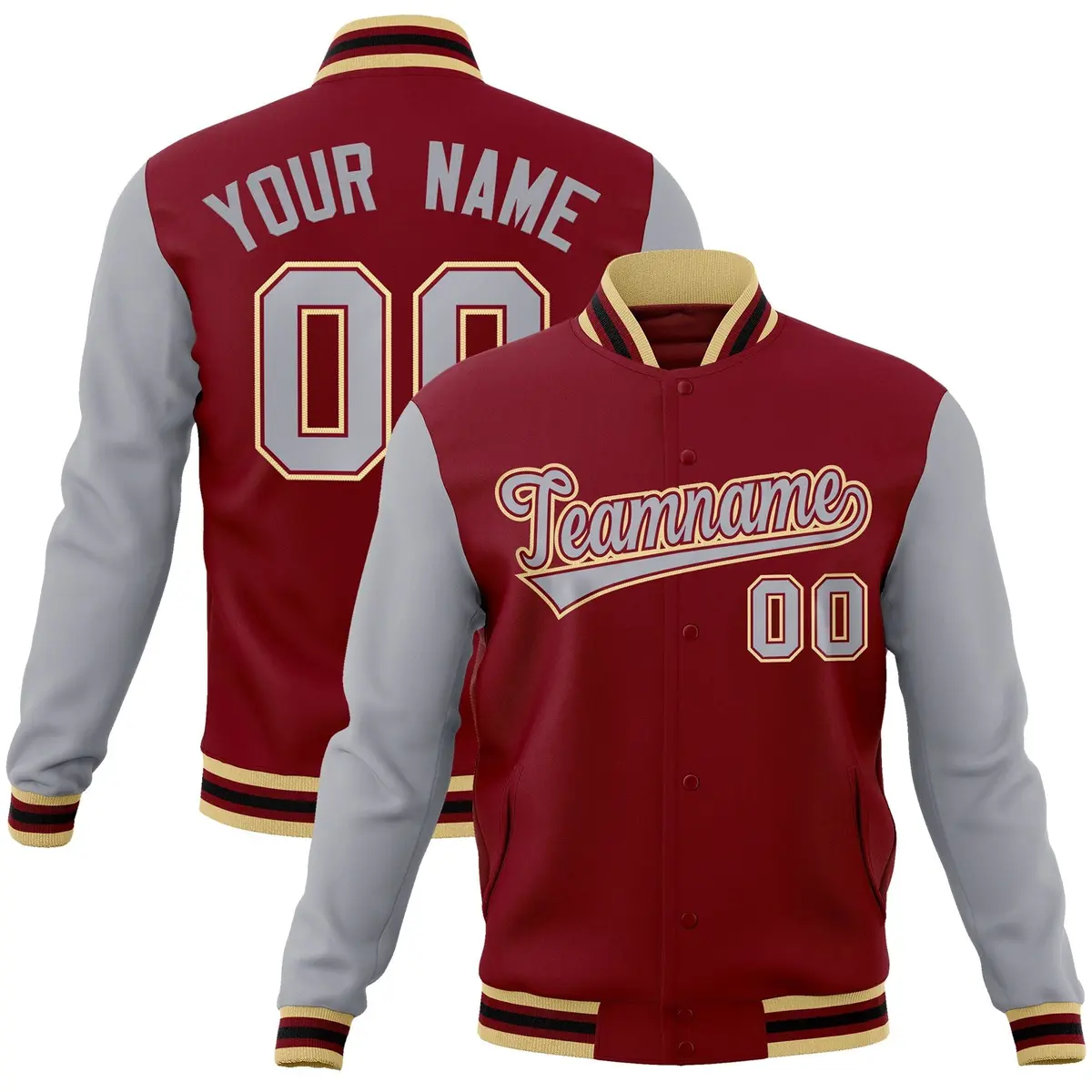 Crimson Gray-Crimson Raglan Varsity Full-Snap Letterman Jacket