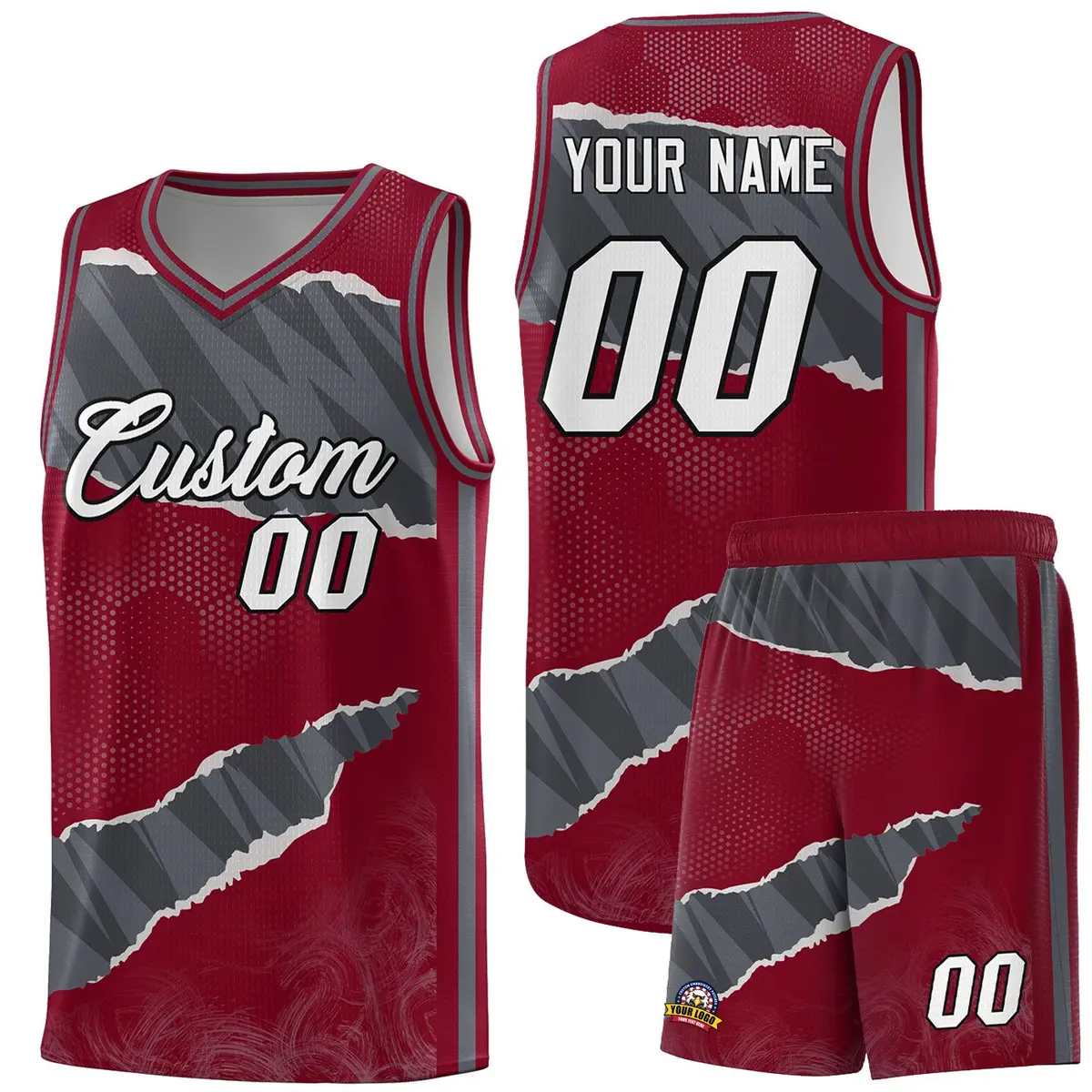 Crimson Gray-Dark Gray Tear Graffiti Basketball Jersey