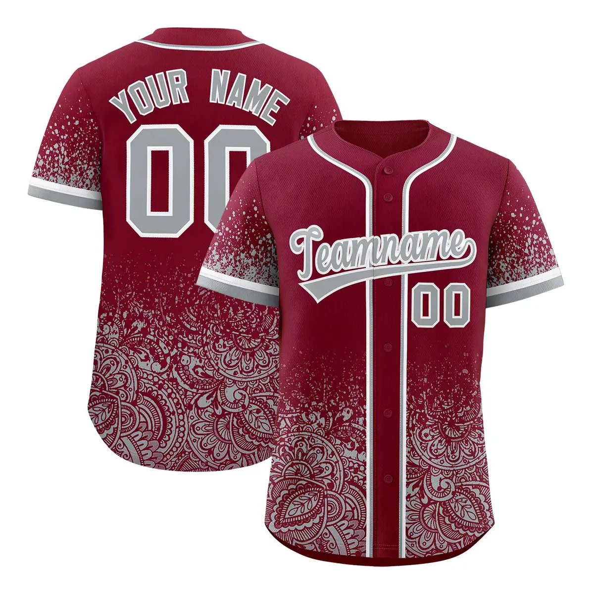 Crimson Gray Floral Gradient Full Button Baseball Jersey