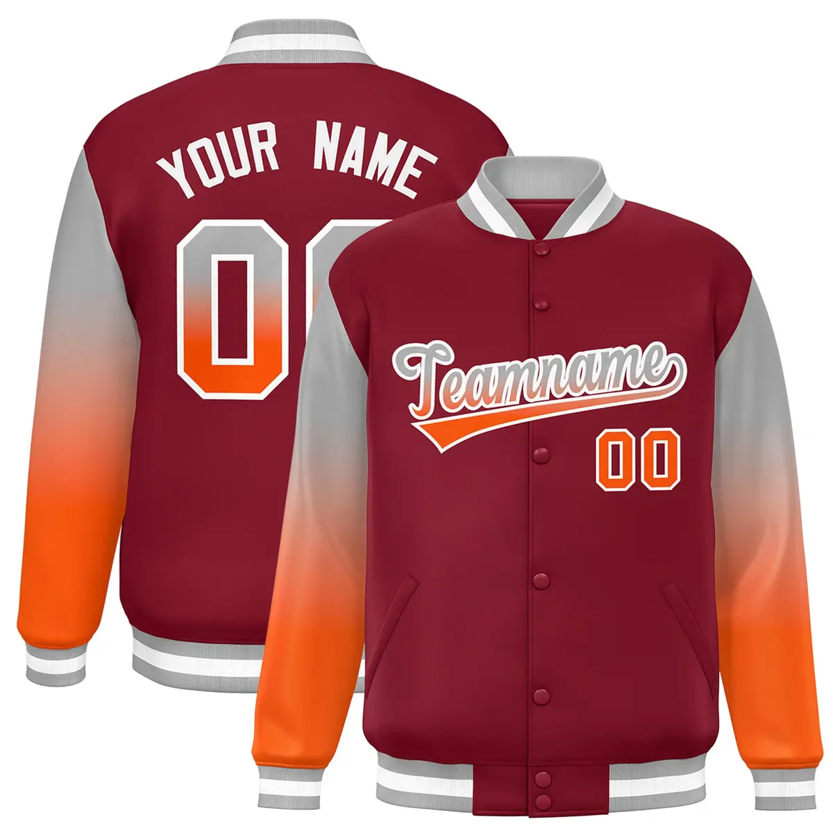 Crimson Gray-Orange Gradient Varsity Full-Snap Raglan Baseball Jacket