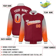 Crimson Gray-Orange Gradient Varsity Full-Snap Raglan Baseball Jacket 2