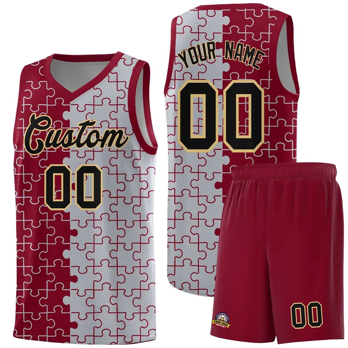 Crimson Gray Puzzle Pattern Splid Basketball Kits