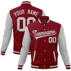 Crimson Gray Raglan Sleeves Full-Snap Varsity Letterman Jacket