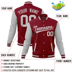 Crimson Gray Raglan Sleeves Full-Snap Varsity Letterman Jacket 4
