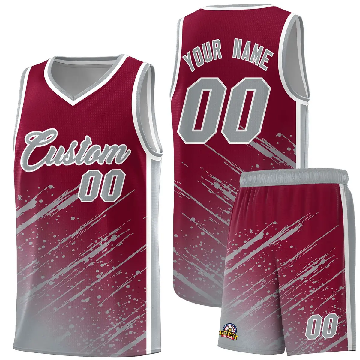Crimson Gray Splash Pattern Basketball Uniforms