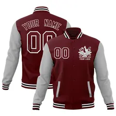 Crimson Gray White Raglan Sleeves Letterman Cotton Full-Snap Jacket