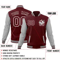 Crimson Gray White Raglan Sleeves Letterman Cotton Full-Snap Jacket 2