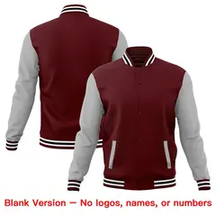 Crimson Gray White Raglan Sleeves Letterman Cotton Full-Snap Jacket 6