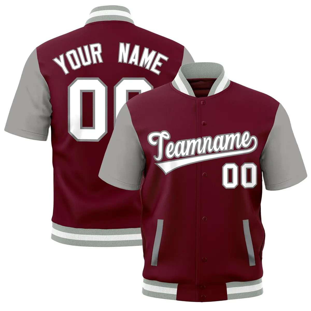Crimson Gray White Short Sleeve Full-Snap Varsity Jacket