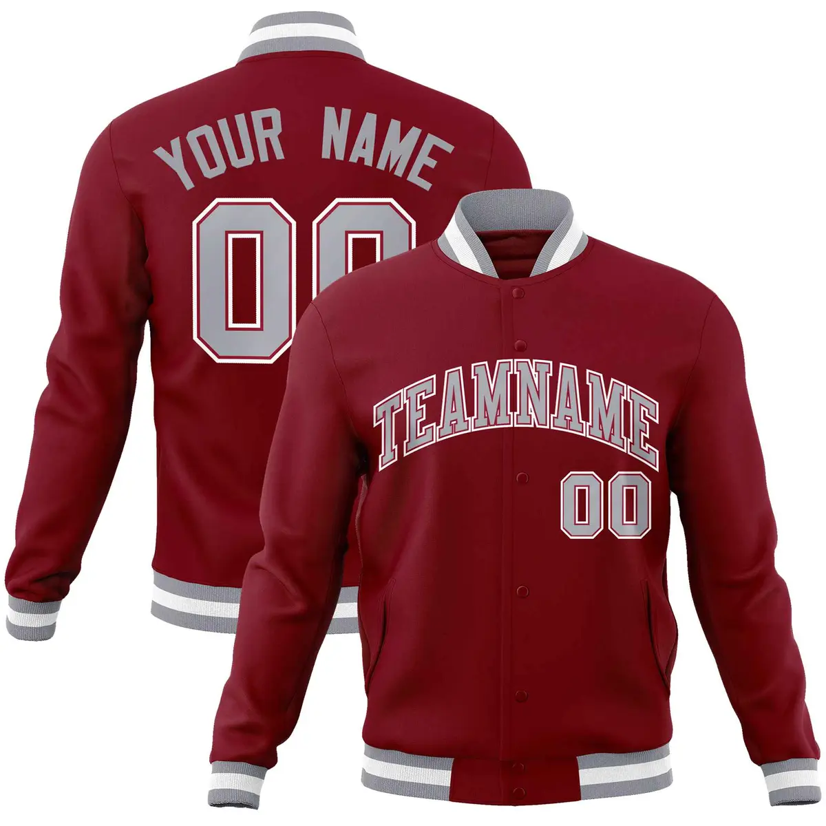 Crimson Gray-White Varsity Full-Snap Letterman Jacket
