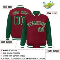 Crimson Green-Khaki Raglan Varsity Full-Snap Letterman Jacket 2