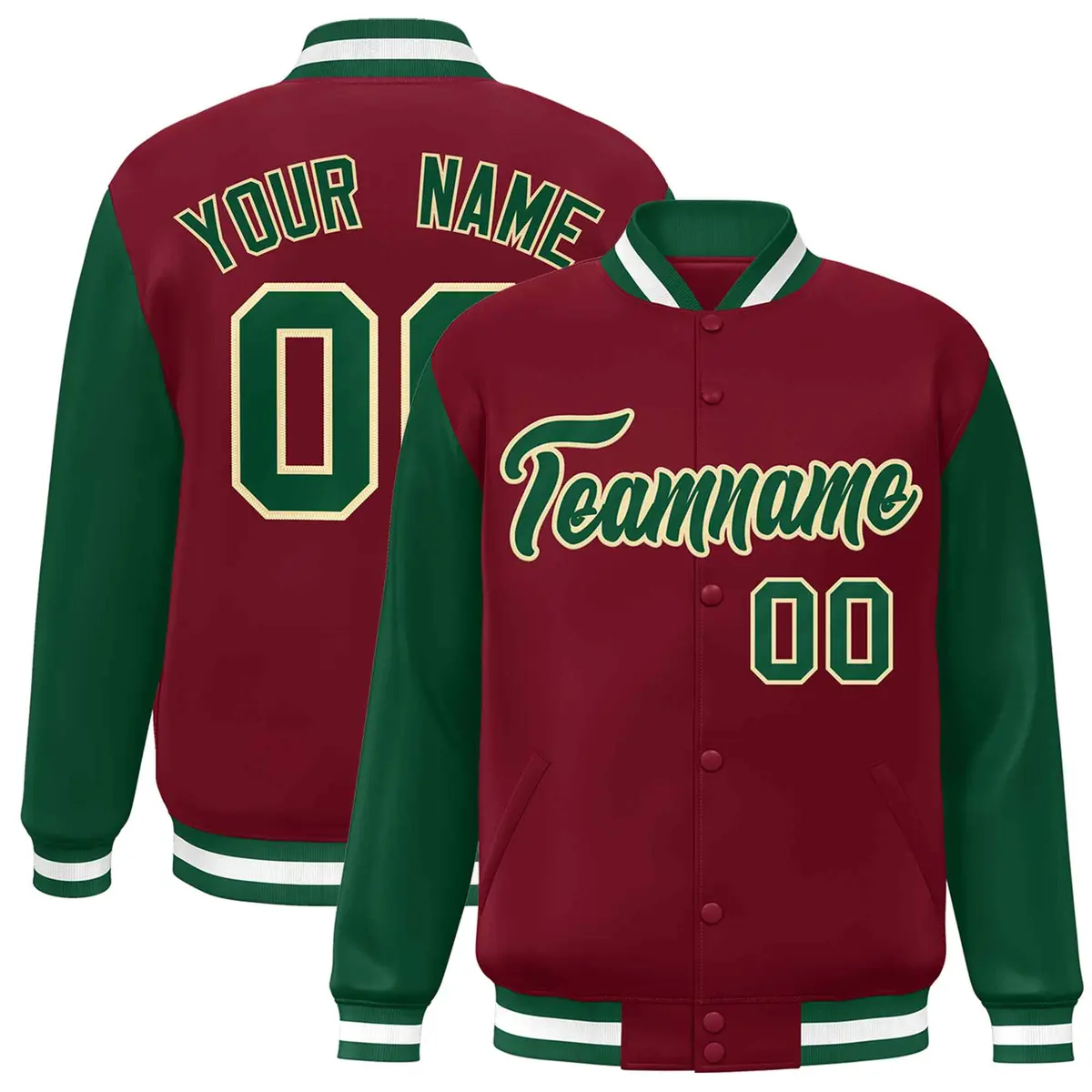 Crimson Green-Khaki Raglan Varsity Full-Snap Letterman Jacket