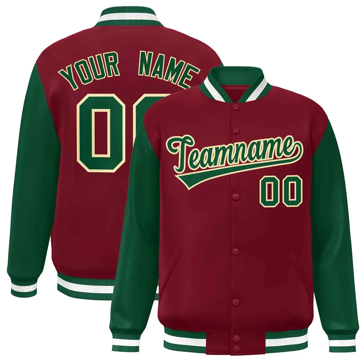Crimson Green-Khaki Raglan Varsity Full-Snap Letterman Jacket