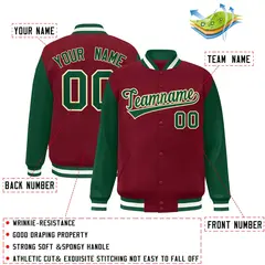 Crimson Green-Khaki Raglan Varsity Full-Snap Letterman Jacket 2