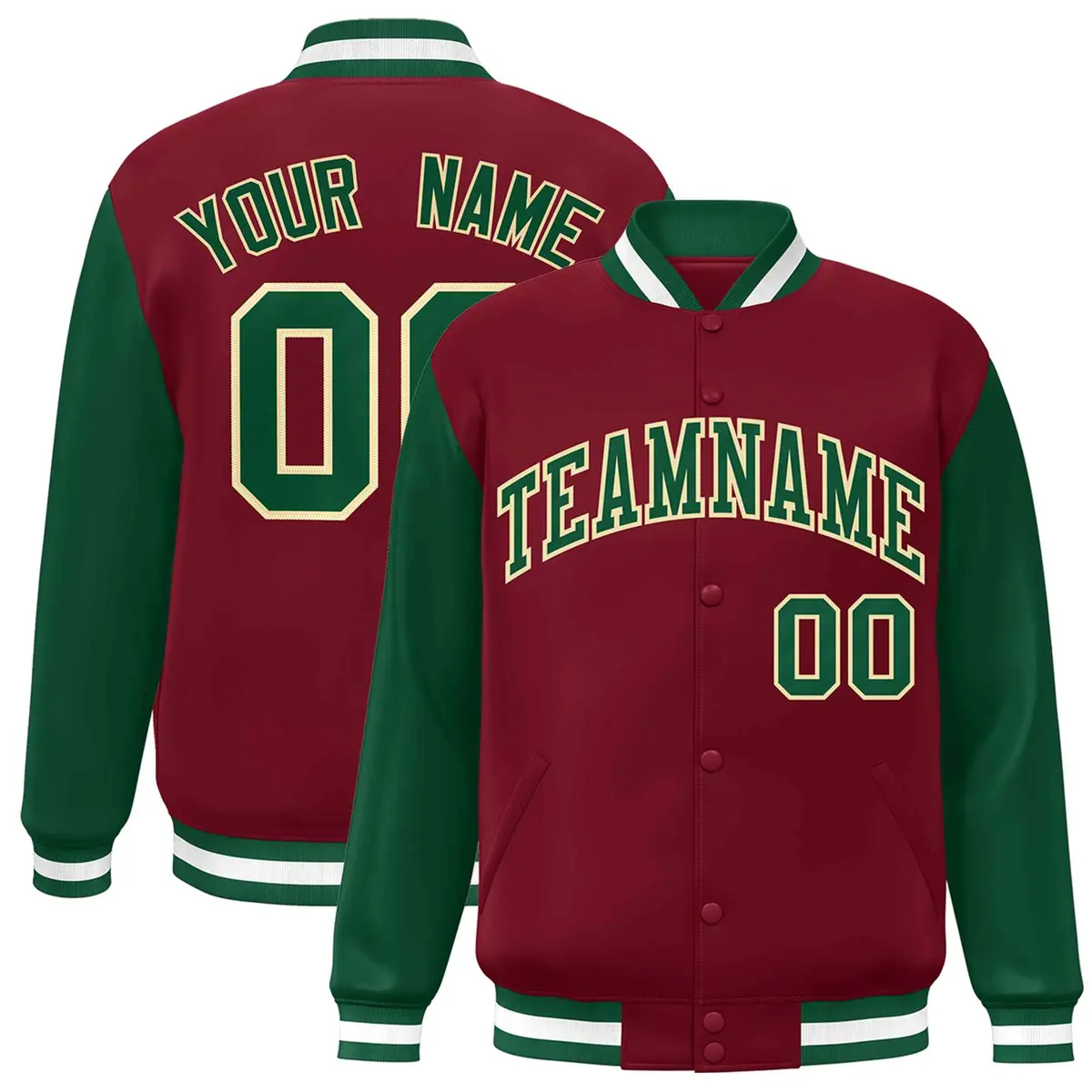 Crimson Green-Khaki Raglan Varsity Full-Snap Letterman Jacket