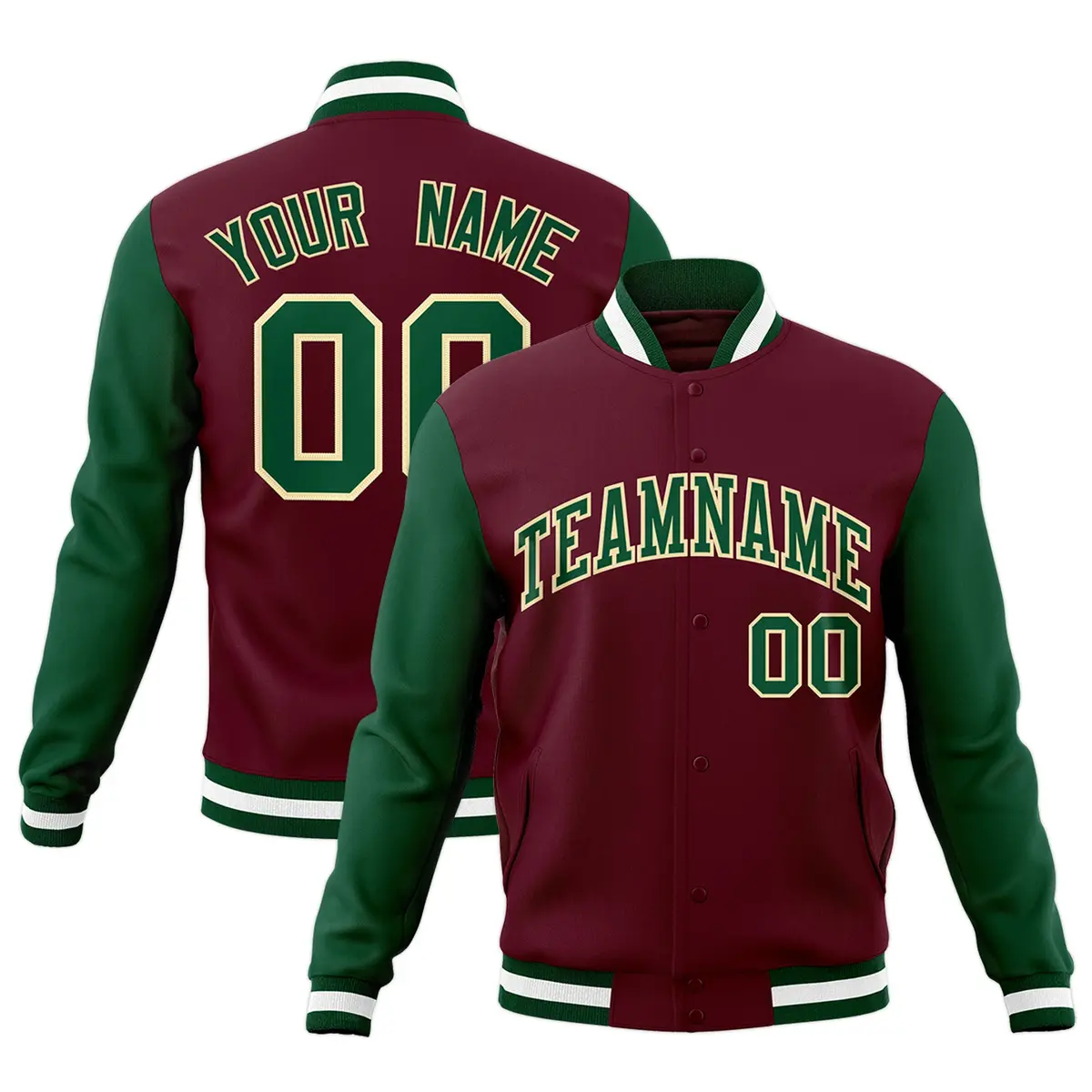 Crimson Green-Khaki Raglan Varsity Full-Snap Letterman Jacket