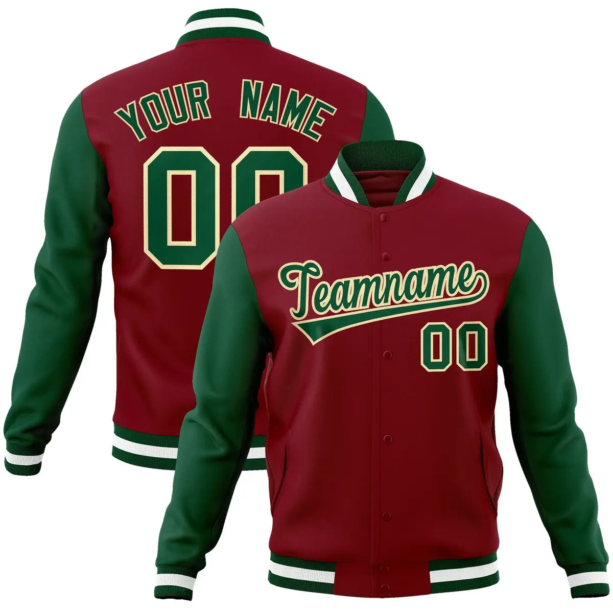 Crimson Green-Khaki Raglan Varsity Full-Snap Letterman Jacket