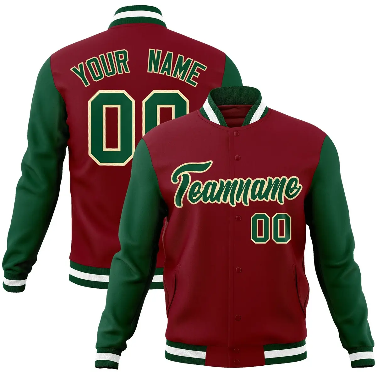 Crimson Green-Khaki Raglan Varsity Full-Snap Letterman Jacket