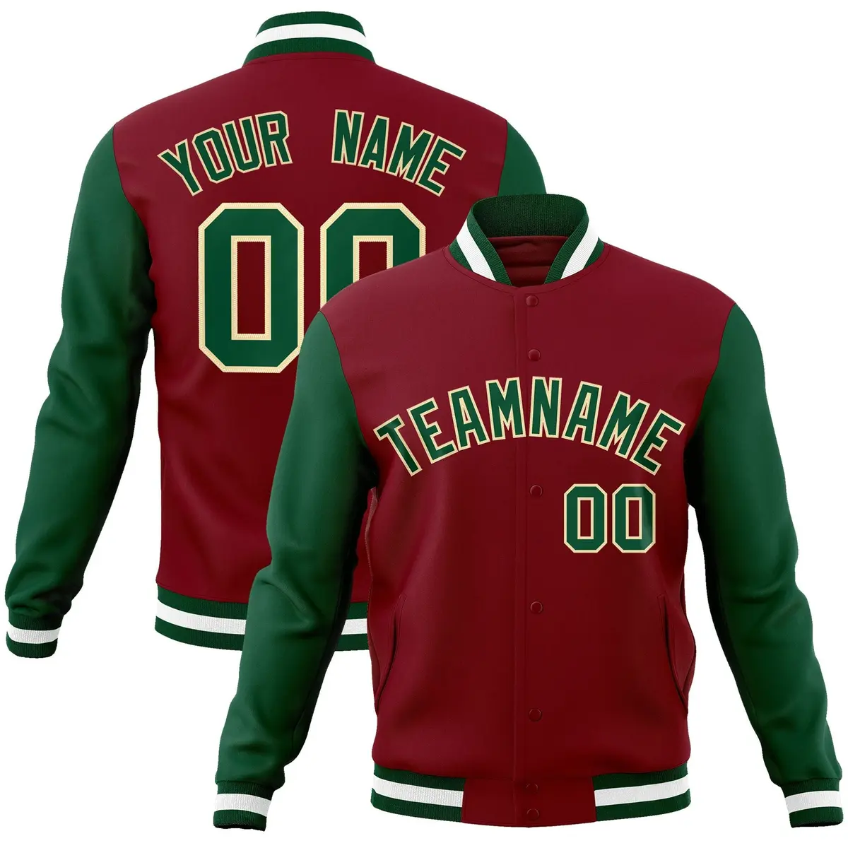Crimson Green-Khaki Raglan Varsity Full-Snap Letterman Jacket