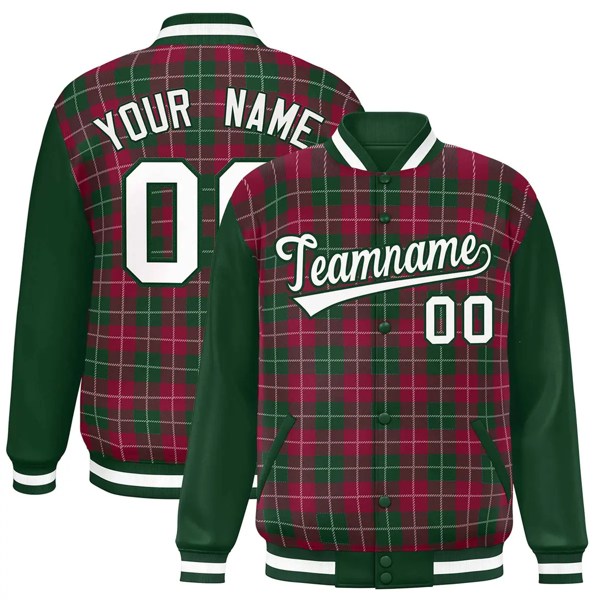 Crimson Green-White Plaid Varsity Letterman Baseball Jacket