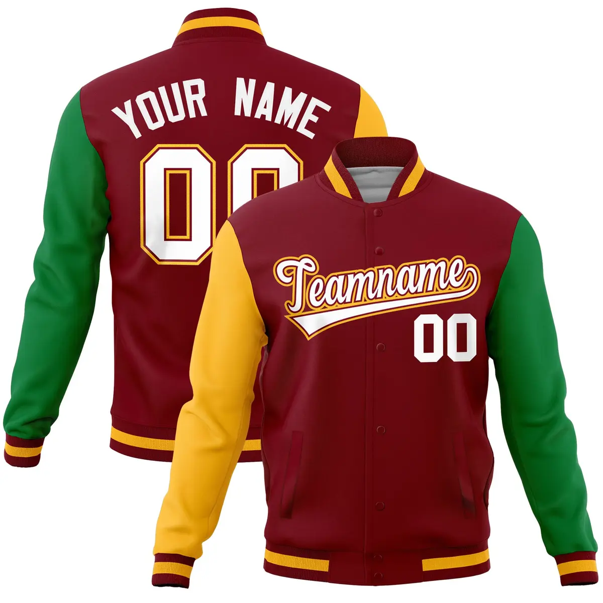 Crimson Kelly Green-Gold Full-Snap Raglan Letterman Jacket