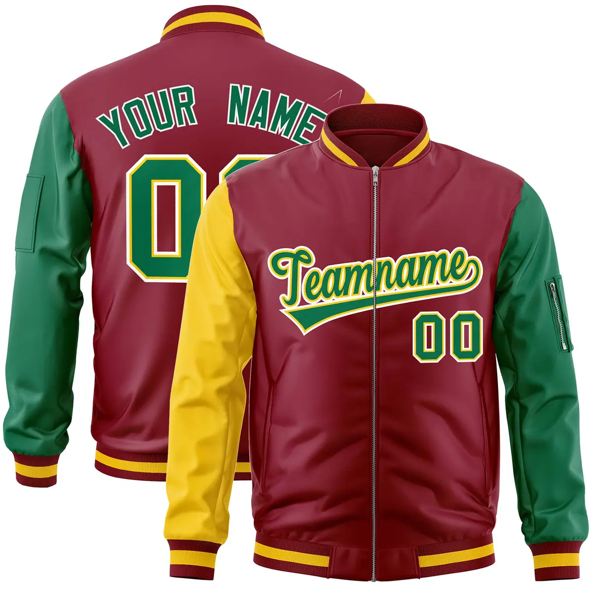 Crimson Kelly Green-Gold Varsity Raglan Letterman Bomber Jacket