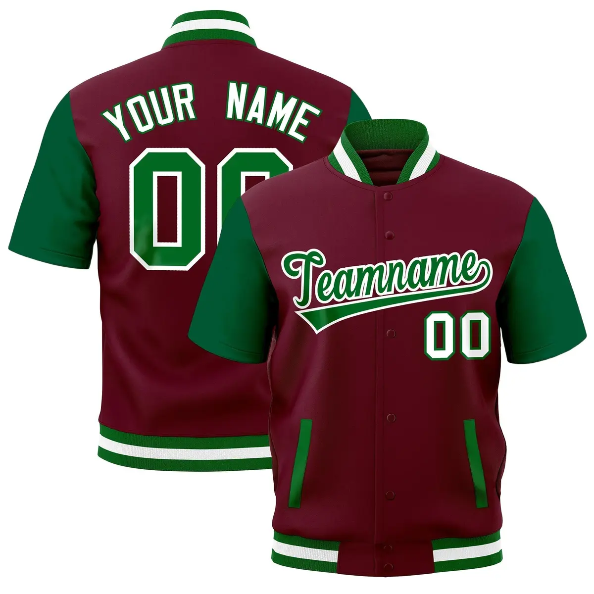 Crimson Kelly Green White Short Sleeve Full-Snap Varsity Jacket