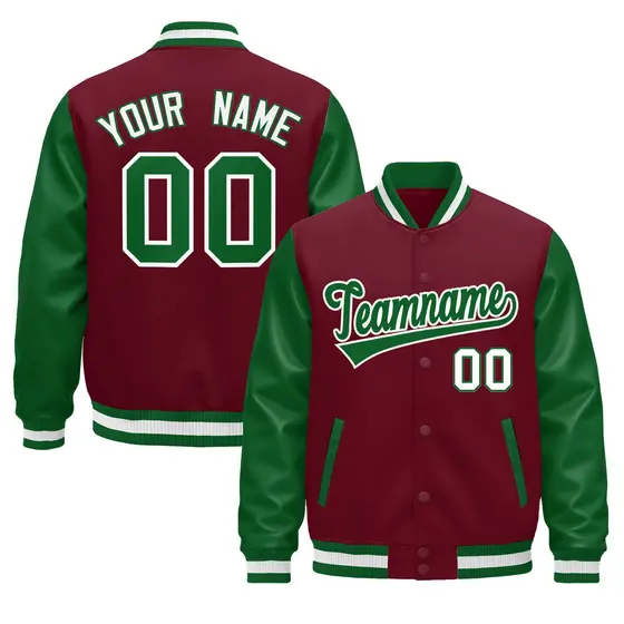 Crimson Kelly Green White Varsity Full-Snap Letterman Jacket