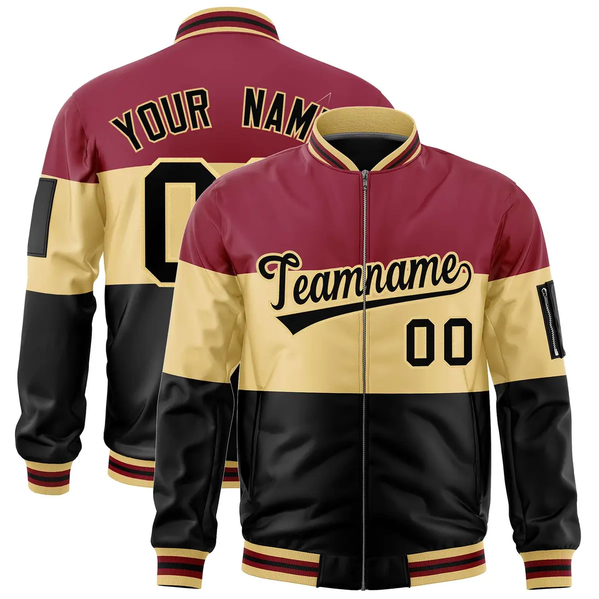 Crimson Khaki-Black Color Block Full-Zip Varsity Letterman Bomber Jacket