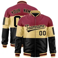 Crimson Khaki-Black Color Block Full-Zip Varsity Letterman Bomber Jacket 1