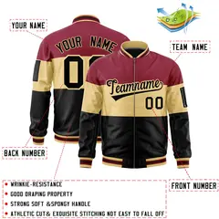 Crimson Khaki-Black Color Block Full-Zip Varsity Letterman Bomber Jacket 2