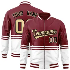 Crimson Khaki-Black Color Block Full-Zip Varsity Letterman Bomber Jacket 1