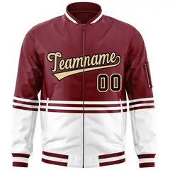 Crimson Khaki-Black Color Block Full-Zip Varsity Letterman Bomber Jacket 3