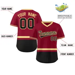 Crimson Khaki-Black Color Block V-Neck Baseball Jersey 2