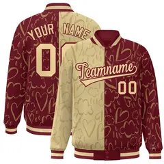 Crimson Khaki Graffiti Pattern Split Letterman Bomber Jacket