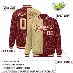 Crimson Khaki Graffiti Pattern Split Letterman Bomber Jacket 2
